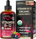 USDA Organski vitamin B12 Podjezične kapljice - 5000 mcg Tekoči vegan metilkobalamin za ženske in moške - energijska okrepitev, fokus & razpoloženje, podpora za zdravje možganov - čim večja absorpcija - 4 mesece oskrba, 4 fl