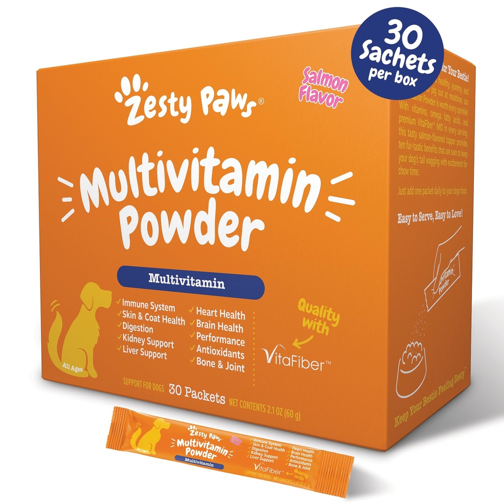 Zesty Paws 10-v-1 Dog Multivitamin - Gut, Imune, Joint, Skin & Coat Podpora, in več - Dog Vitamini in dodatki v prahu - Hišni ljubljenčki z Omega Fish Oil & VitaFiber - Salmon - 30 Ct