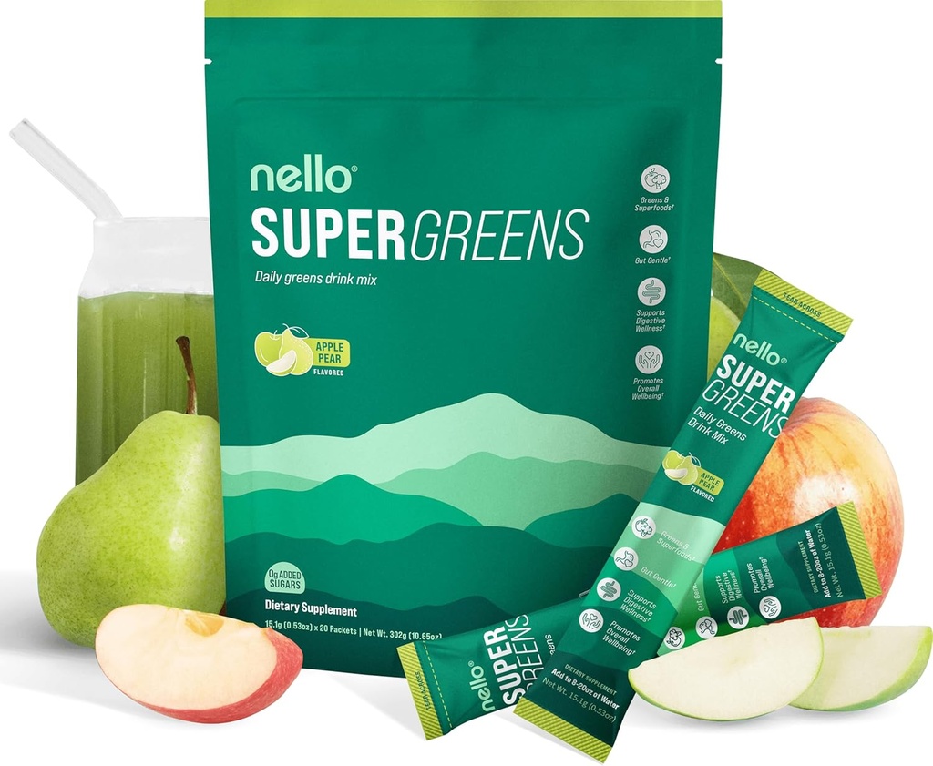 Nello Supergreens Superfood Drink Mešamo s Klorella, Moringa, Spinach, Broccoli, Prebavne encime, in probiotiki – Apple Pear Flavor, 20 Servings, Potovalno pakiranje