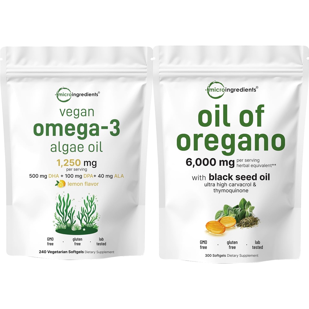 Mikro sestavine Olje Oregano Softgels 300 Count & Vegan Omega 3 Algae Oil Supplement Bundle 2 Pack 