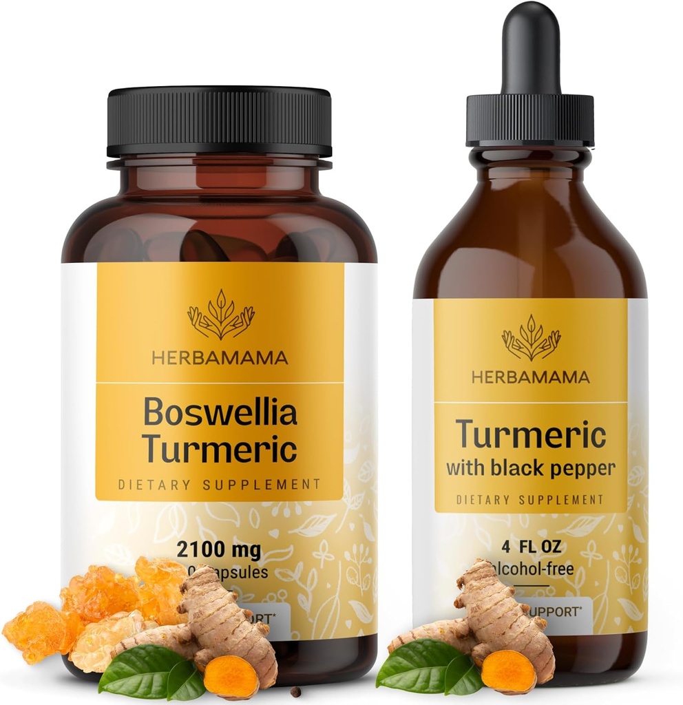 HERBAMA Boswellia in kurkuma komplet - paket 2100 mg Boswellia kurkuma & tekoči kurkuma s črnim poprom Tinktura 2 fl oz - Vegan, ne gensko spremenjeni organizmi, sladkor in alkohol brez - 2 paket