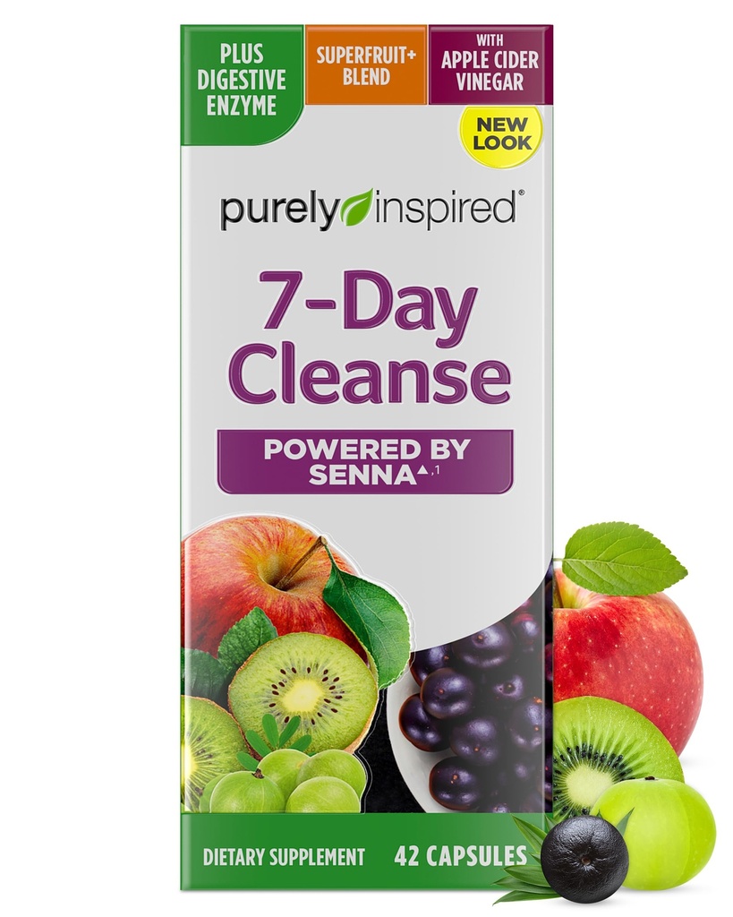 Čisto navdihnjene 7-dnevne detox čistilne tablete - cele tablete za čiščenje in razstrupljanje za ženske in moške, napajane s Senna listom, vitaminom C, jabolčnim kisom, prebavnimi encimi in probiotiki - 42 kapsul Acai Berry