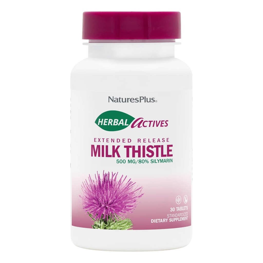 Natures Plus Herbal Actives Milk Thistle, Extended Release - 500mg, 80% Silymarin, 30 vegetarijanske tablete - Gluten-free - 30 Servings