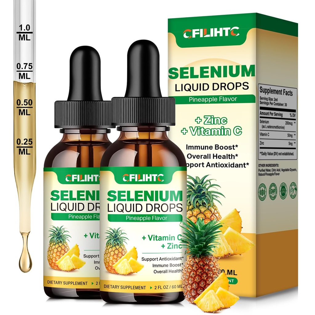 2 Pakiranje Selenovih tekočih kapljic, 200mcg tekočega selena z vitaminom C in cinkom, Podpora za imunski sistem, antioksidant in zdravje srca, visoka absorpcija, Ananasov okus