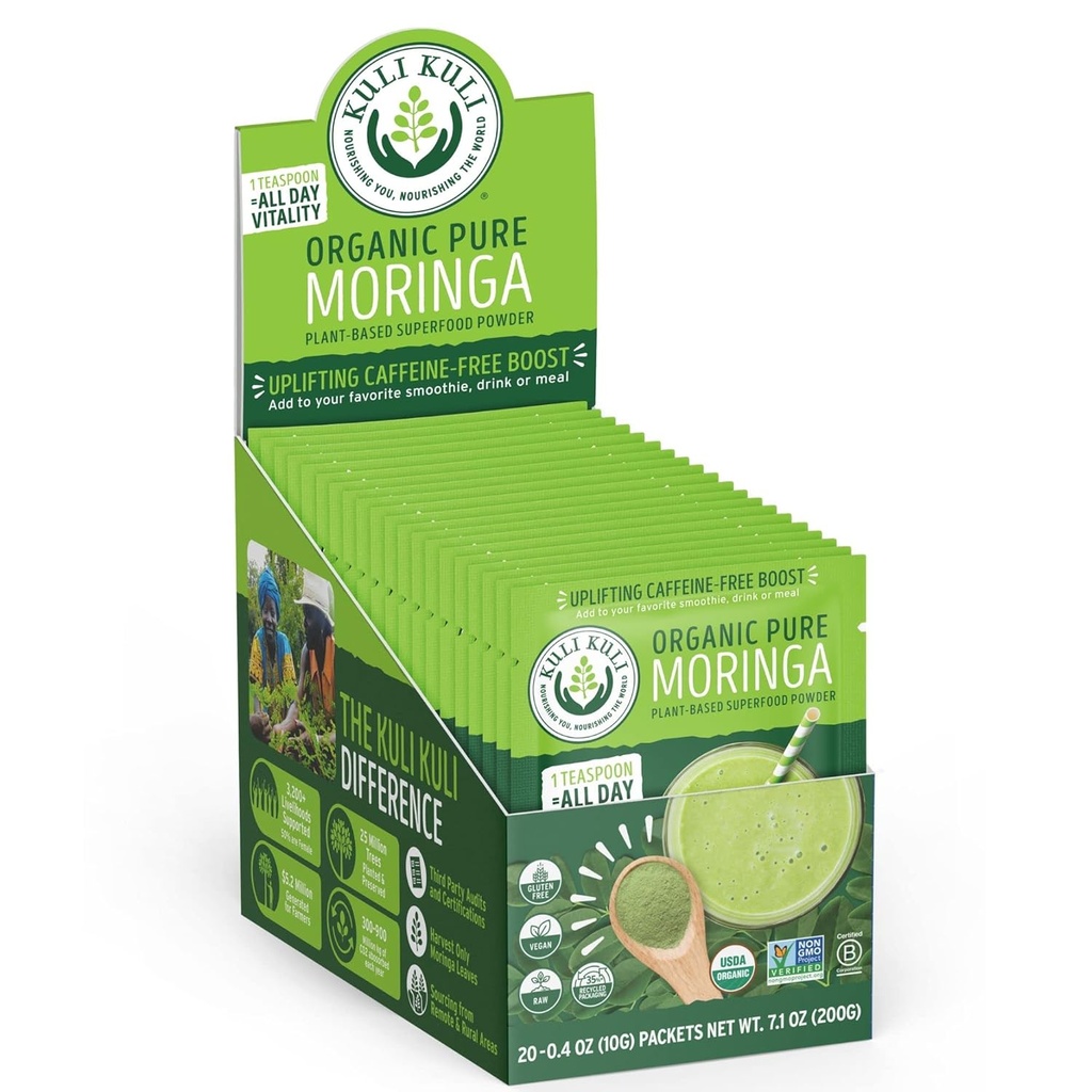 Kuli Kuli Moringa Oleifera Organic Leaf Powder & Green Smoothie, 100% Pure USDA Certified & Non-GMO Moringa Powder, Super z napitki, čaj, in hrano, 0.4 Ounce, Pack po 20 (KK PM)