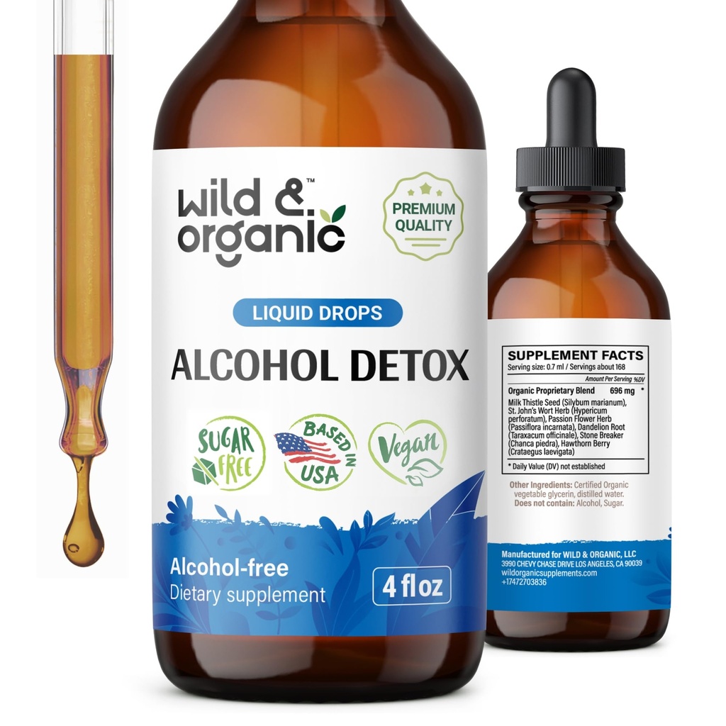 Divji in organski alkohol Detox kapljice - jetra in ledvice čiščenje z mlekom osat, Chanca Piedra kamen Breaker - Anti Alkohol kompleks za čiščenje jeter Detox - Vegan, Brez sladkorja in dodatki - 4 fl oz