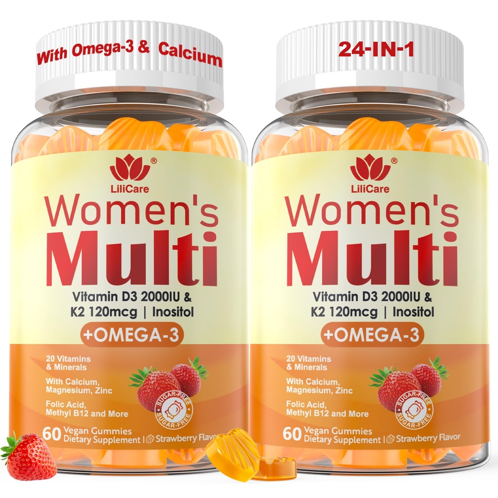 Ženske multivitaminski gumi z omega 3(DHA/EPA), vitamin D3 K2, kalcij, inozitol, dnevne ženske Vitamin A C E B kompleks, L-metilFolat, metil B12, brez sladkorja metilirani multivitaminski minerali, 120Cts