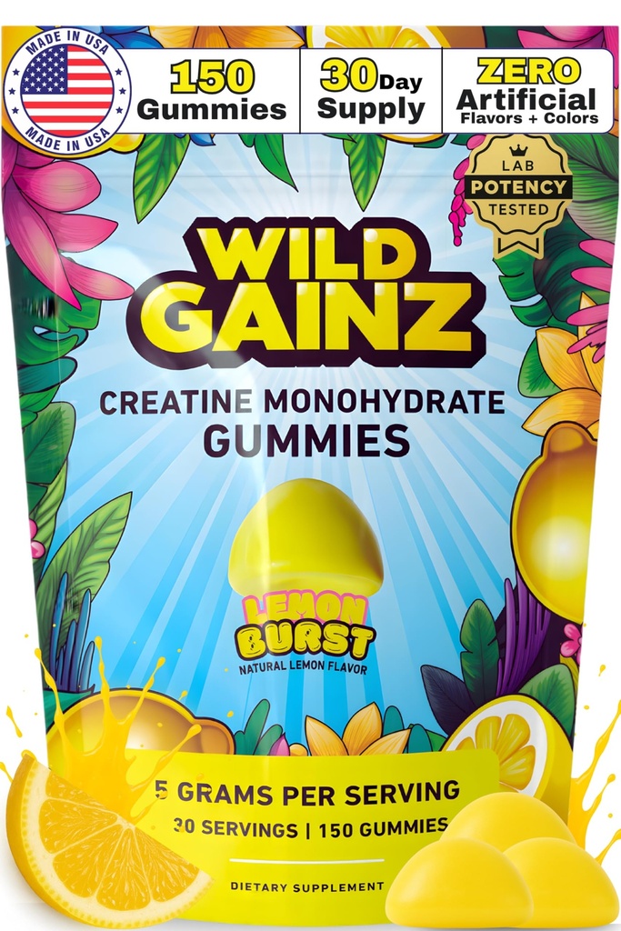 Kreatin monohidrat Gumiji za moške in ženske 5000mg - Izdelano v ZDA, Potency Tested, Vegan, Podpira mišično rast, moč in kognitivne funkcije, ne-GMO Gluten-free limona arome Kreatin 150 Chews