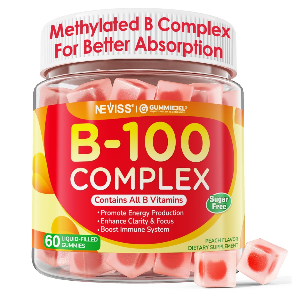 Super Vitamin B Complex Gumies - vsi vitamini B, vključno z metil B12, B1, B2, B3, B5, B6, Biotin, metilfolat z vitaminom C, holin, Inositol, PABA za energijo, možgane in imuno podporo, sladkor brez