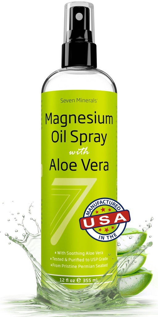 Seven Minerals Pure Magnezium Oil Spray z Aloe Vera 12oz - farmacevtska (USP) stopnja, najvišja moč s takojšnjim olajšanjem za noge, spanje, bolečine mišic in Cramps - Rude v ZDA
