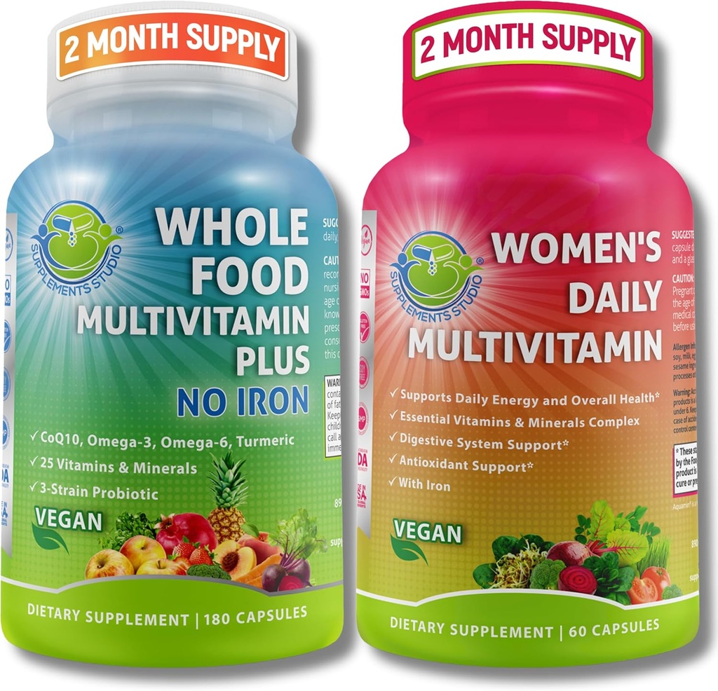 DOPOLNILNI ŠTUDIO Celovit ženski multi-sistemska podpora Duo – celi prehranski multivitamin brez železa + ženski dnevni multivitamin z železom – Vegan, ne-GMO, Čisti dnevni wellness podpora