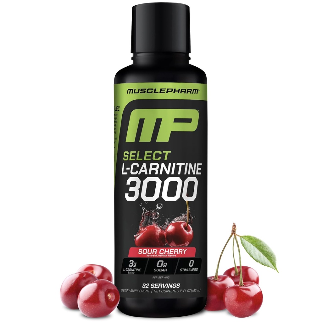 Muscle Pharm L-Carnitine 3000, Ultimate Liquid L Carnitine dopolnilo za visokozmogljivost, podpira presnovo, hidracijo in energijo, nič sladkorja, nizke kalorije, Sour Cherry Flavor, 32 Služabniki