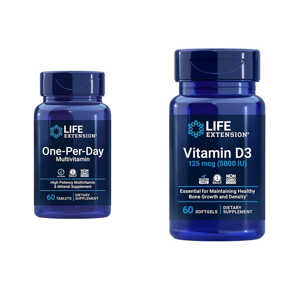 Life Extension One-per-Day multivitamin – pakiran z več kot 25 vitamini, minerali in rastlinskimi ekstrakti in vitaminom D3 125 μg (5000 i.e.), zdravjem kosti, sposobnostjo možganov, podporo imunskega sistema