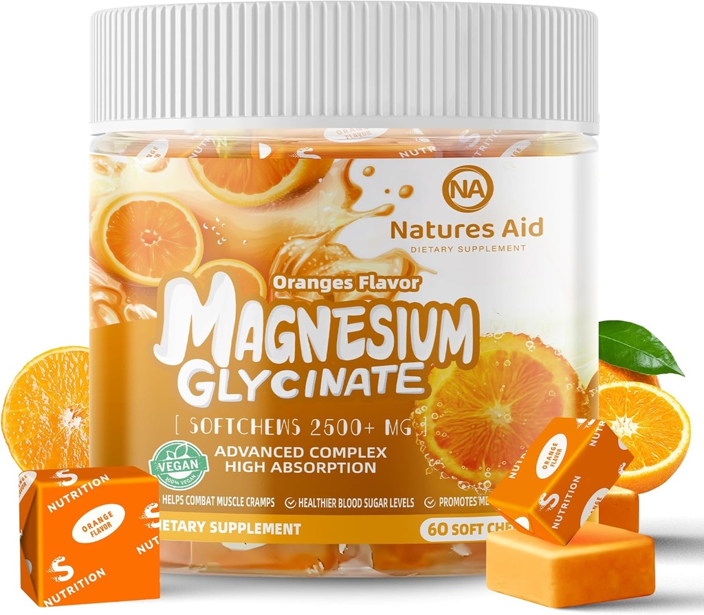 Magnezij Glycinate Soft Chews dodatek,Chewable Sugar Prost Kalijev Magnezijev žveči z Magnezijev Glicinat, Vitamin D, B6 in CoQ10 za mirno podporo in spanje za odrasle,60 dni dobave-oranžna