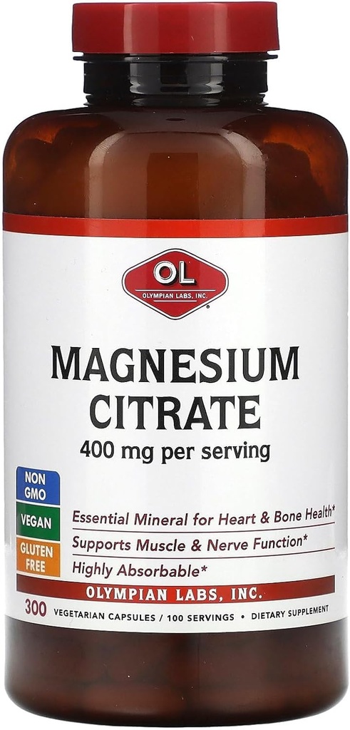 Olympian Labs Magnezijev citrat 400 mg - 300 kapsul - enostavno Absorpcija Absorpcija, ki podpira zdrave kosti, zdravo srce in kalcij