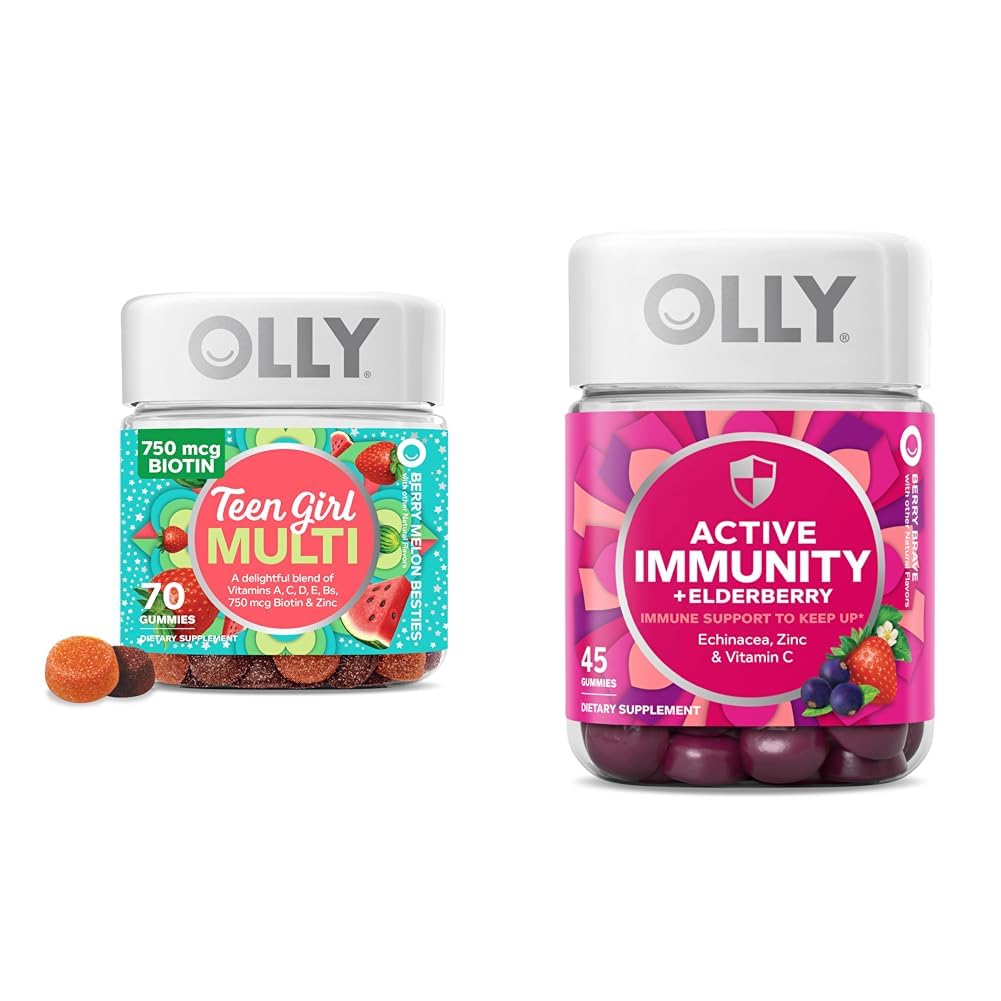 OLY Teen Girl Multi Gummy, Zdrava koža in imunske podpore, 15 Essential Vitamini, 70 Count Gummy Active Immuniteta+Elderberry, 45 Gummies, Berry Flavor