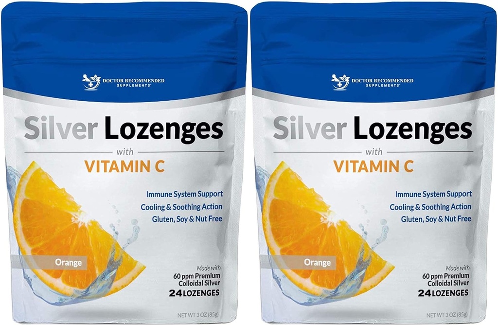 Silver Lozenges z vitaminom C - Premium Nano Silver 60 PPM koloidno srebro, organski med in vitamin C mineralna dopolnila kapljice za podporo imunskega sistema, Soothe kašelj in grlo - pakiranje 2
