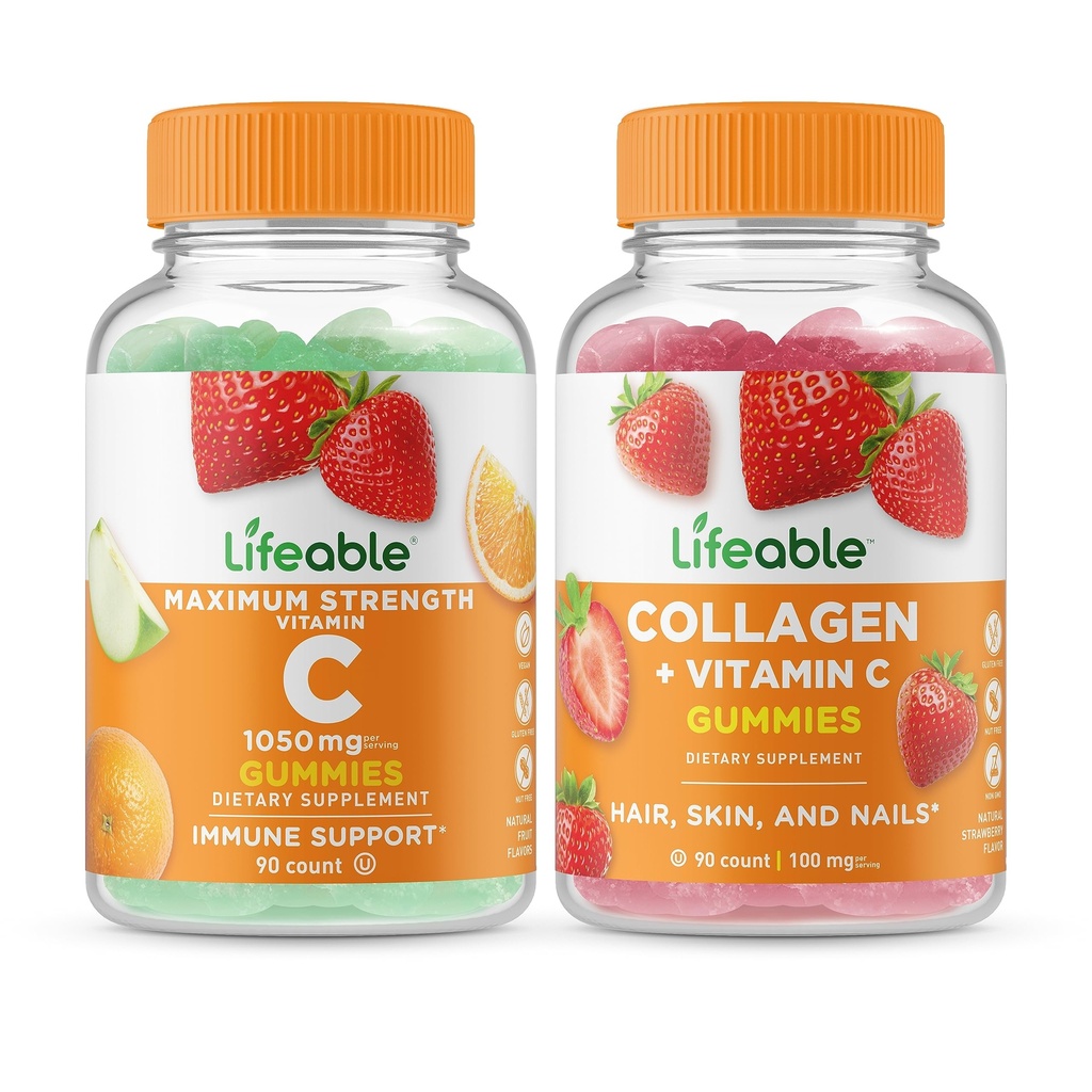 Življenjski Vitamin C 1050mg + Kolagen & Vitamin C, Gummies Bundle - odličen okus, Vitamin dodatek, Gluten brezplačno, GSO brezplačno, Žvečljivi Gummy