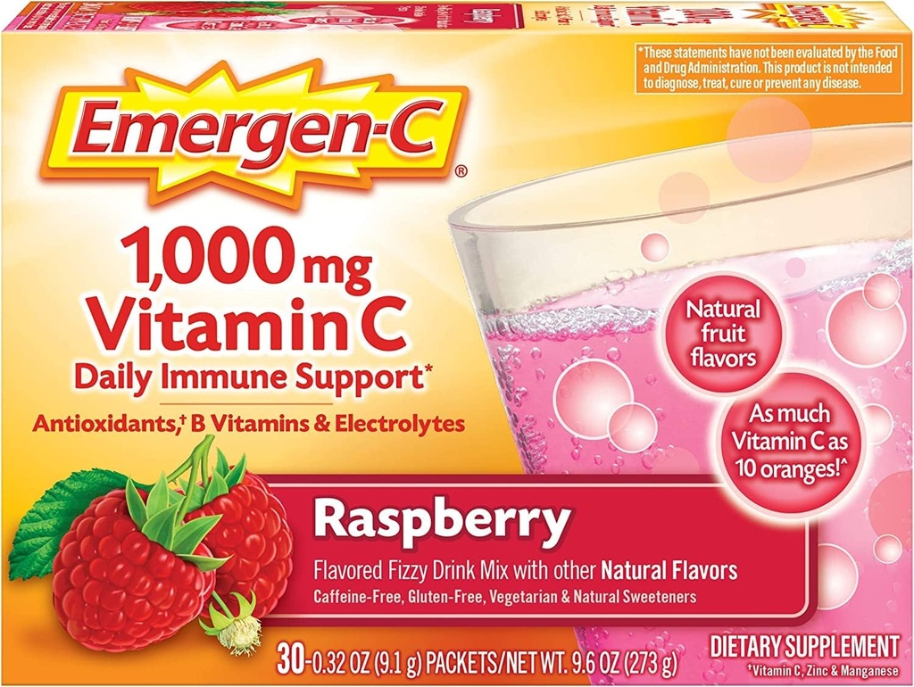 Alacer Emergen-C Vitamin C Fizzy Drink Mix Raspberry - 1000 Mg - 30 paketov