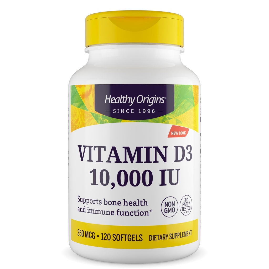 Zdravi izvori Vitamin D3 10.000 i.e. (ne-GMO, visoka jakost, podpora kostem, Imunska podpora, brez glutena), 120 softgels
