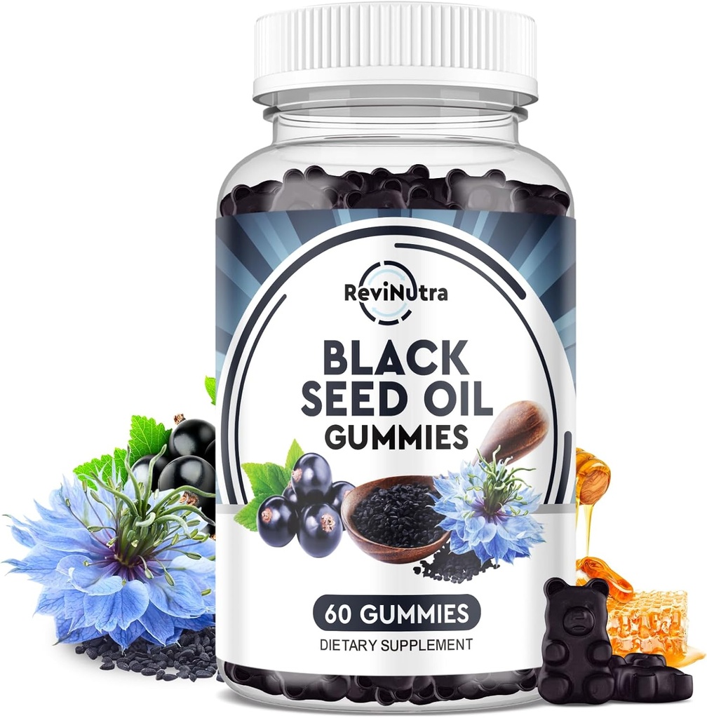 Črno seme olje Gumies-Organic hladno stisnjena Nigella Sativa črno seme olje z medom, vitamin B6, C, D3, Kurkuma, Granatna, Podpora imuniteta, Prebava, Možganske funkcije, Lasje & Skin-60 Gumies