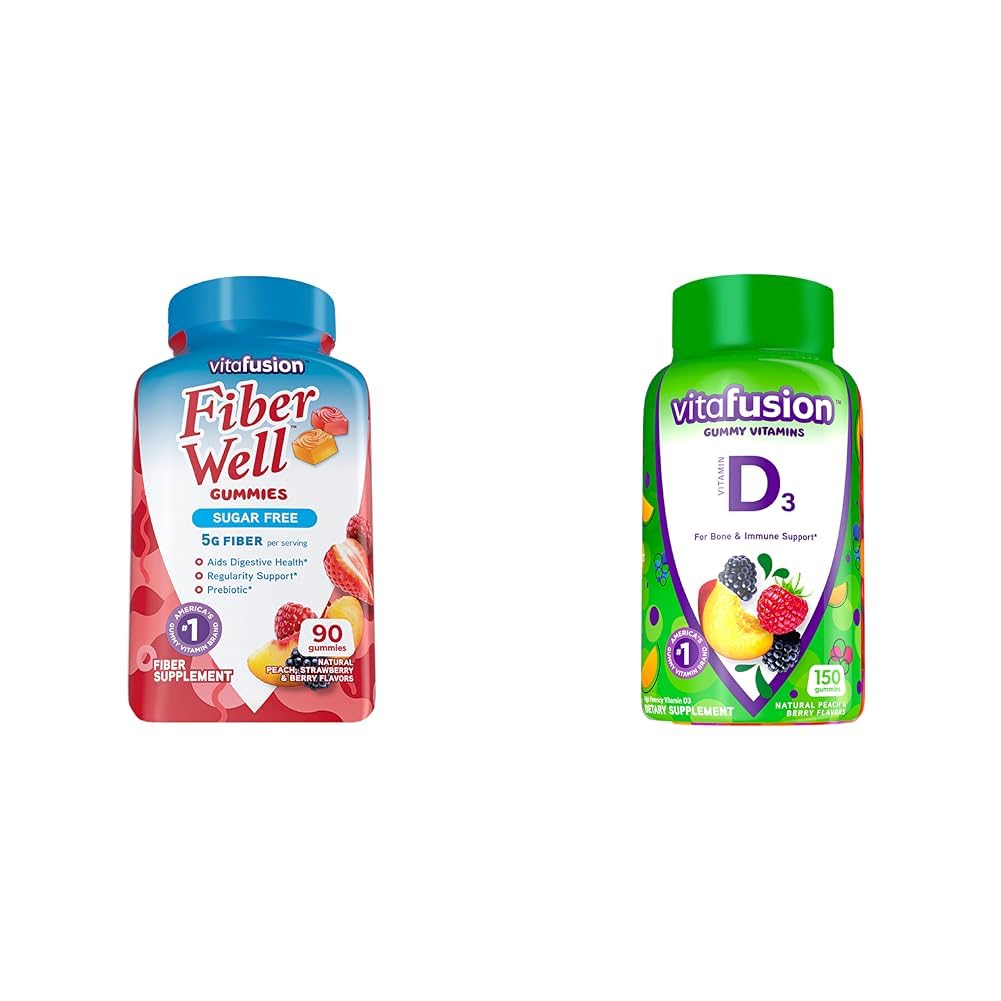 Vitafusion fiber dobro sladkor brez vlaknin dodatek & vitamin D3 Gummy vitamini za podporo kostnega in imunskega sistema, Breskve, borovnice in jagode aromatizirana, 50 mcg Vitamin D, 75 dan dobava, 150 Število
