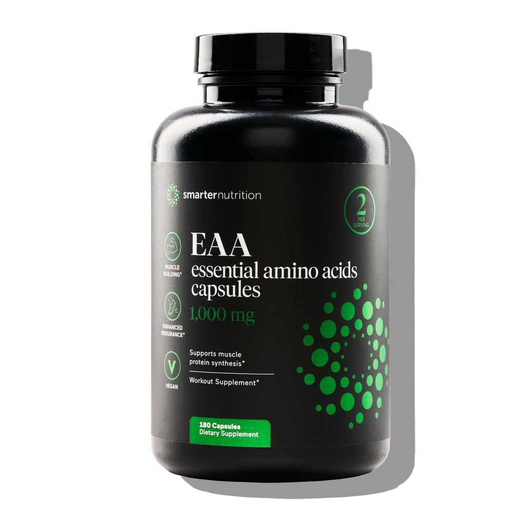 SMARTERNUTRITION Esencialne aminokisline (EAA) Kapsule - 1 gram na odmerek vseh 9 EAA - podpira mišično maso in vadbo - Non-GMO, Vegan, Gluten Free - 180 Count[90-dnevna zaloga]