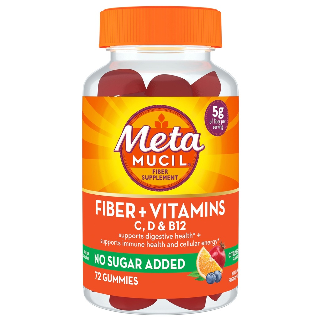 Metamucil Fiber Supplement 72 Gumies, Fiber + Vitamini C,D & B12 brez sladkorja dodano, Podpora Prebavne zdravljenje + Podpora imunskega zdravja, Citrus Berry Flavor.