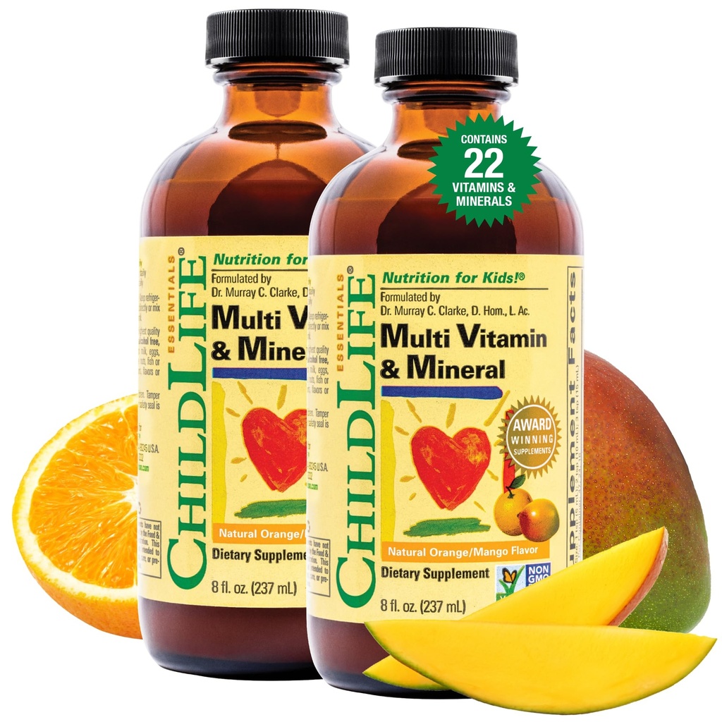CHILDLIFE Essentials Otroci Multivitaminski in mineralni - Vitamini za otroke, Tekoči multivitaminski za Toddler & Baby - Natural Orange & Mango, 8 Fl Oz (Pack of 2)