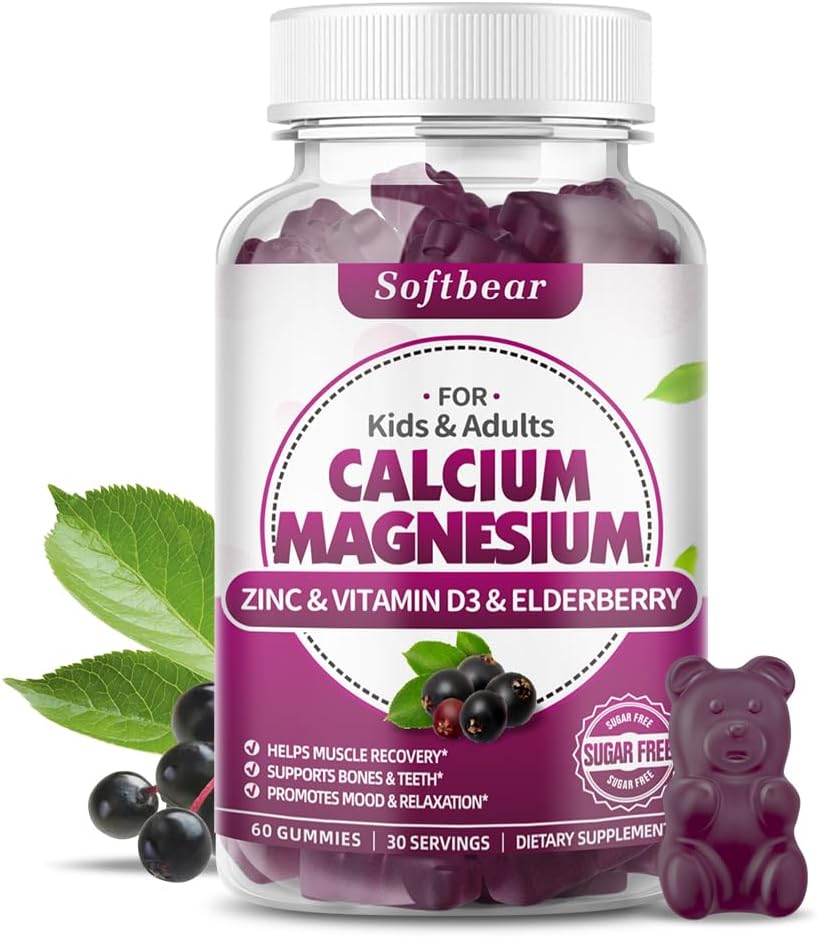 mehki medved Kalcij Magnezij cink Gumiji za ženske, visoka absorpcija Kalcij Magnezij Dopolnilo za kosti moč, sladkor brez, Vegan, Elderberry Flavor 60 Gumies