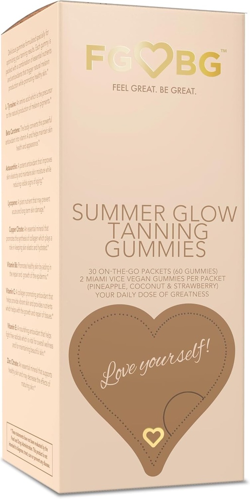Summer Glow Tanning Gummies - Miami Vice Flavor - Pineapple, Coconut, & Jagoda - Vegan - Gluten-free - Dairy-free - Naravne sestavine - Essential Nutrients - Travel Size - 30 -Day Supply