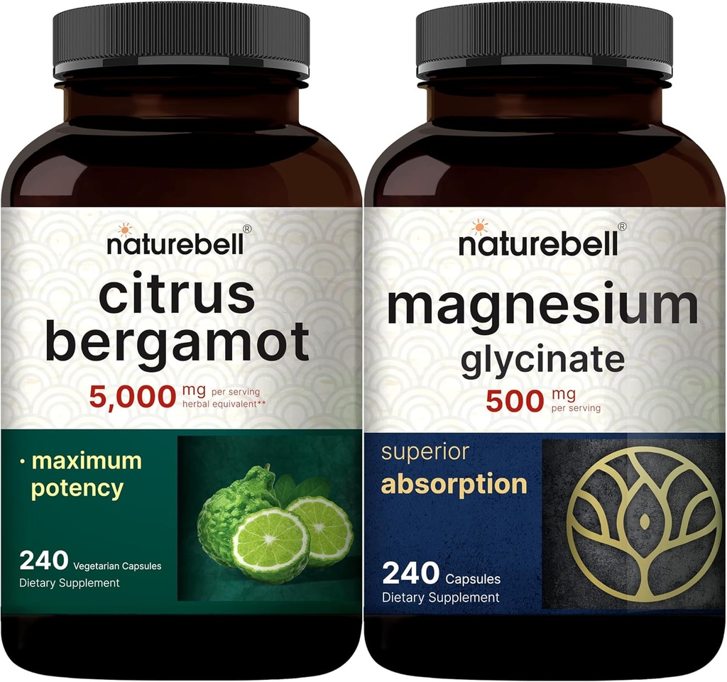 NatureBell Magnezij Glycinate Kapsule 500 mg & Citrus Bergamot Veggie Kapsule 5000 mg Enakovredno pakiranje 
