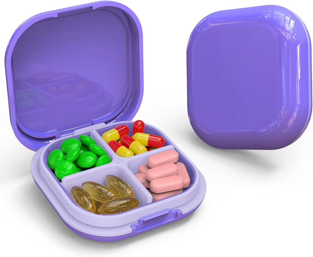 Vsak dan tablete Organizator 4 Kompartmenti, majhne tablete Box Portable Travel Pill Case, Mini tablete Container za Purse Pocket, Compact Travel Medicine Organizator za vitamin, Cod Jetrna olja, dodatek (Purple)