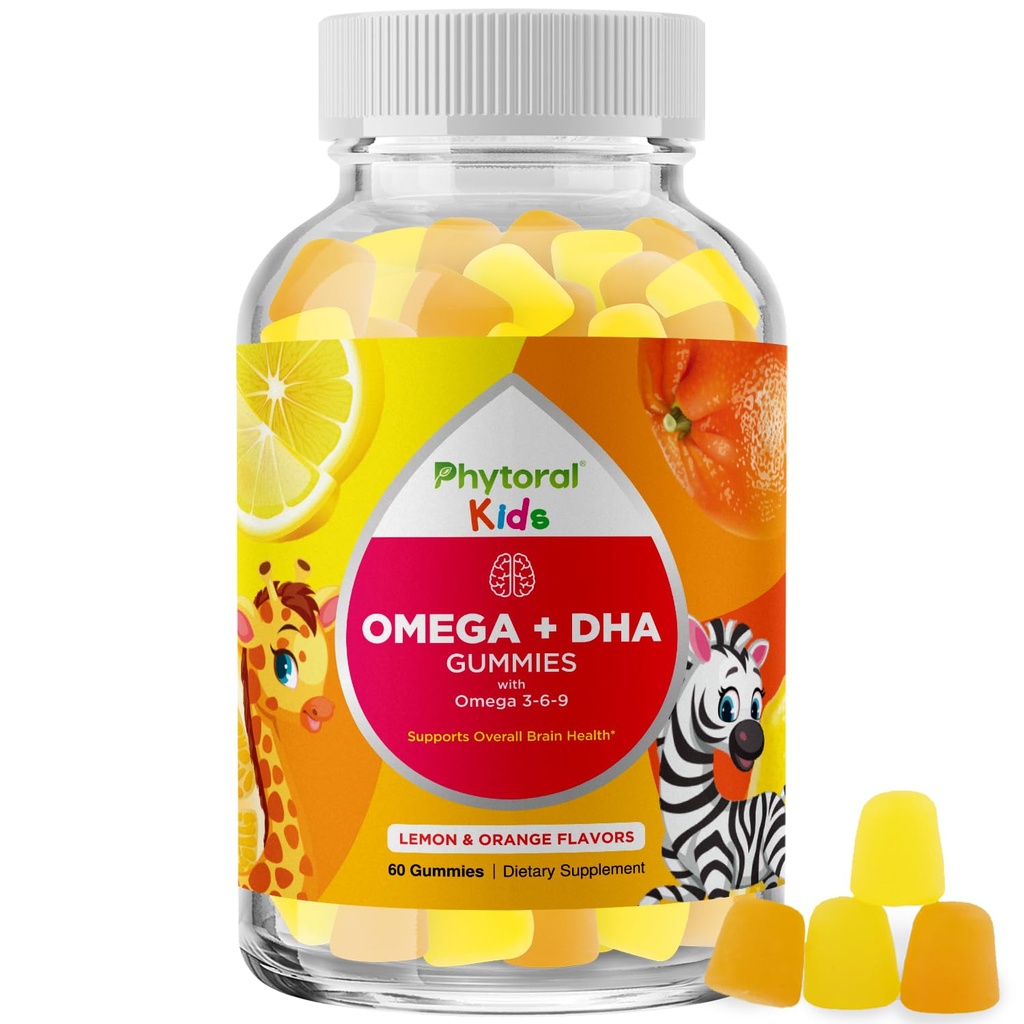 Otroci Omega in DHA Gumies - Maščobne kisline Omega 3 6 9 z vitaminom C za vid - Hranilna DHA za otroke za zdravo živčevje in fokus podporo - Ribe brez - 60 Count