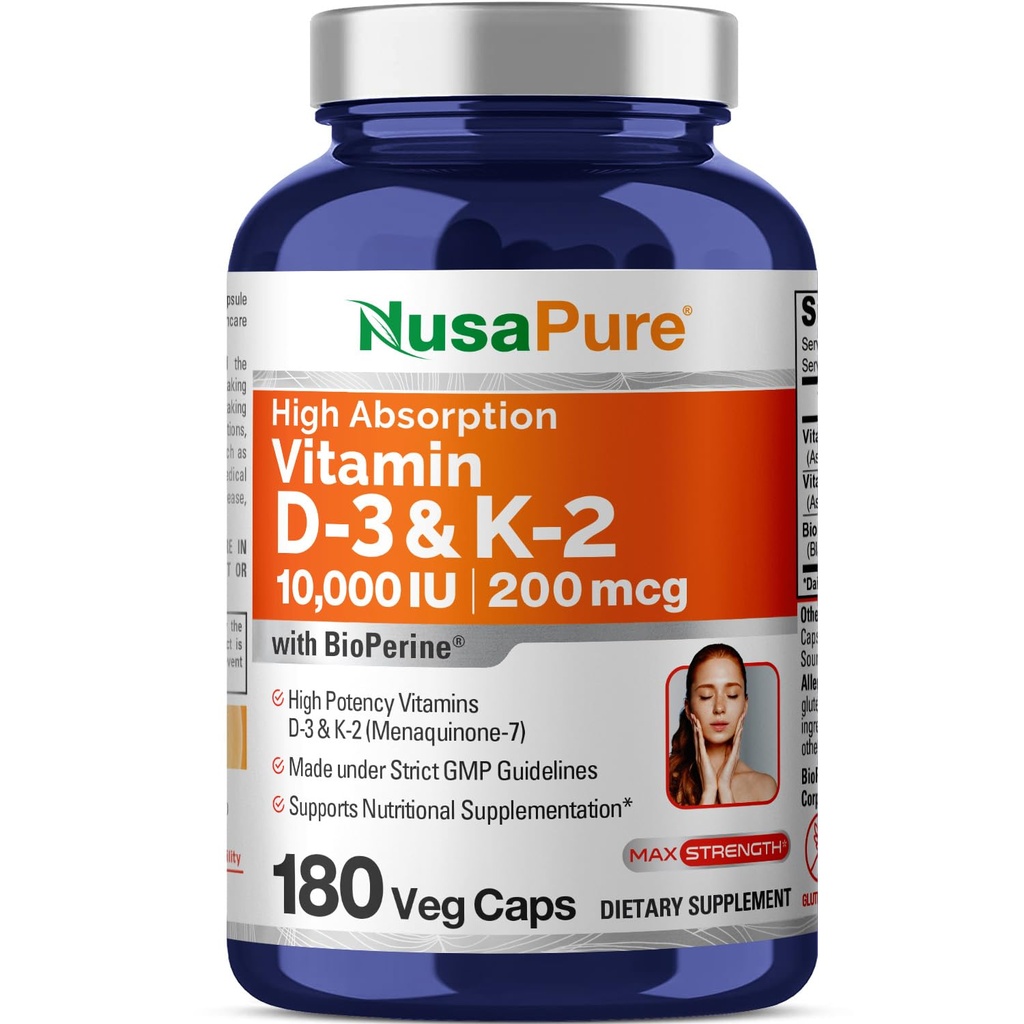 NusaPure 250 mg Vitamin D3 & 200 mcg K-2 Capsules, 180 Veg Capsules (Non-GMO, Vegan)