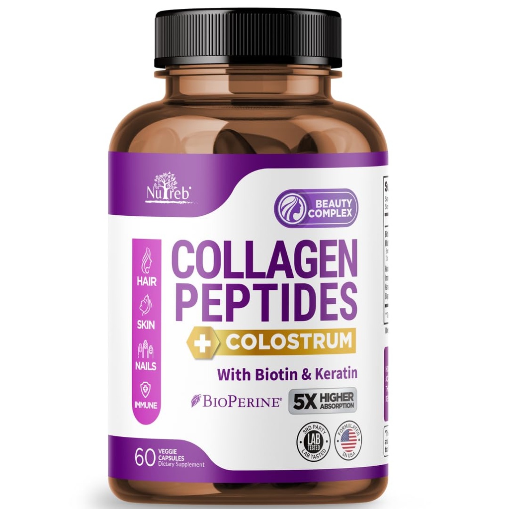 Kolagenske peptide za ženske s kolostrumom, biotin in keratin - tip I, II, III, V, X - 5X večja absorpcija - vitamini za kožo in nohte - kolagen za ženske - tablete kolagena - 60 kapsul