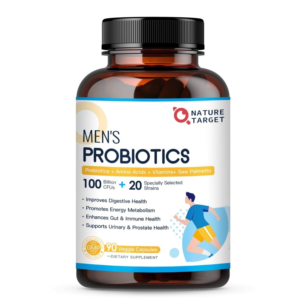 NATURE CILJ Probiotiki za moške Prebavno zdravje z encimi in prebiotiki, 100 milijard CFU, moški probiotiki z žago Palmetto & Cranberry za prostate & urinary Tract Health, 90 VeggieCapsules