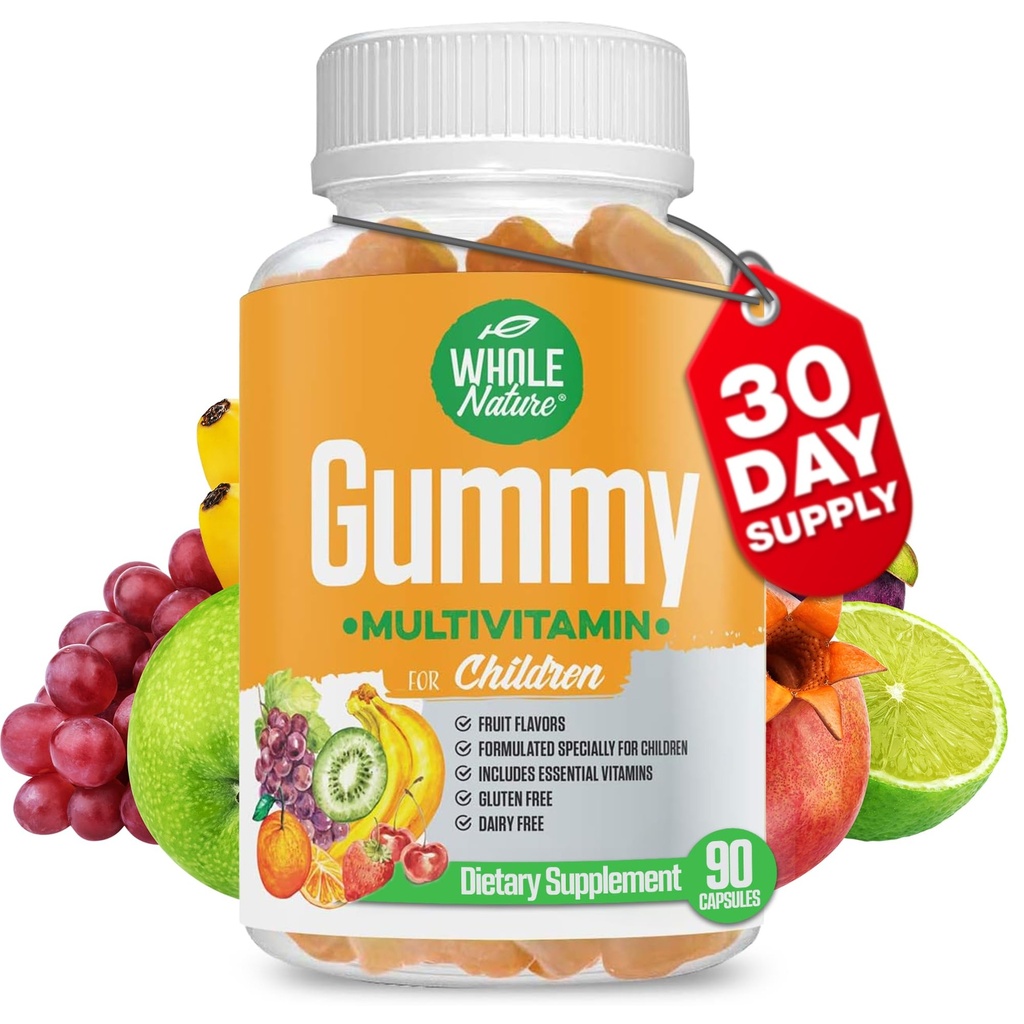 Otroci Gummy Multivitaminski - Popolne dnevne esencialne otroke Vitamini in minerali za splošno Wellness, 90 Gummies. Sadne arome, brez umetnega sladkorja, mleka in glutena
