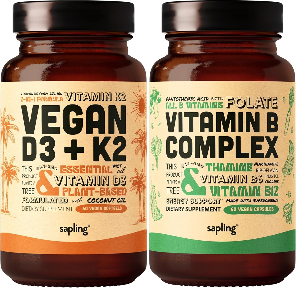 veganski vitamin D3 + K2 & vitamin B kompleksni paket - 4000 i.e. vitamina D3 in 100mcg vitamina K2 kot Mk7, Essential B vitamini s celo živilsko mešanico, B1, B2, B3, B5, B6, B7, Folat