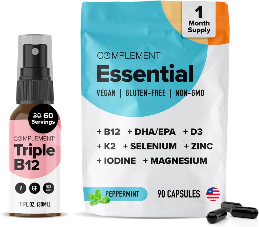 Dopolnjevanje Essential Vegan Multivitamin & Triple B12 Spray Bundel – Celovita prehranska podpora za rastlinske diete