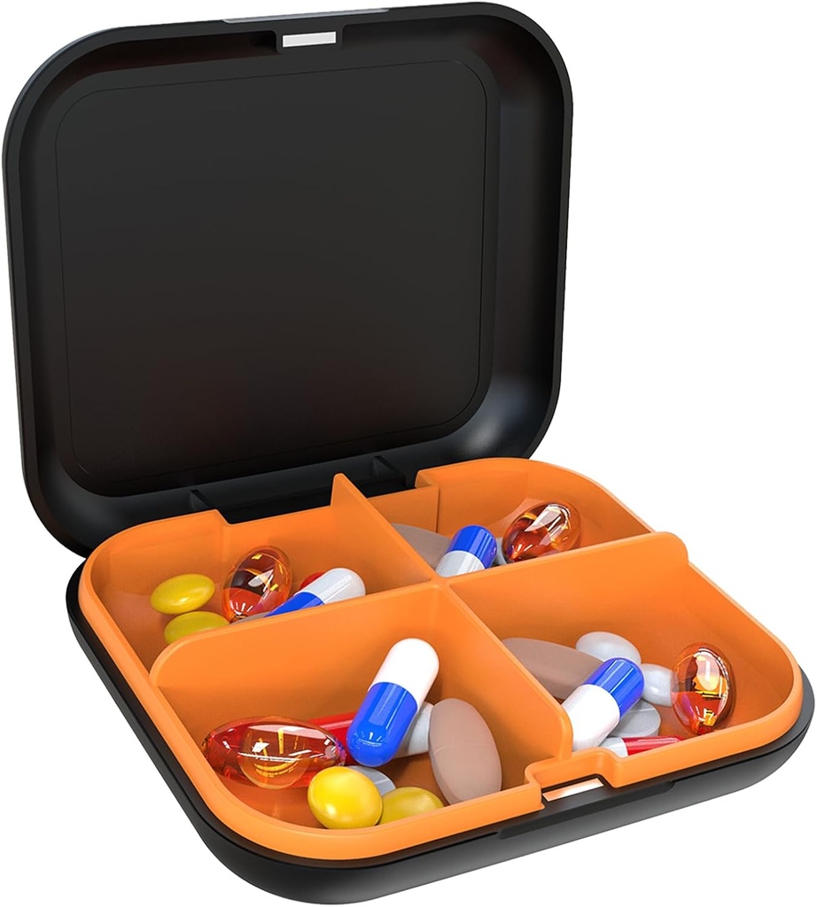 Škatla tablete Prenosne tablete Dispenzator, potovalne prenosne tablete Box, 4-Compartment dnevno Prenosne tablete Organizator, primeren za vitamine, zdravila, ribje olje (Črna + Oranžna)