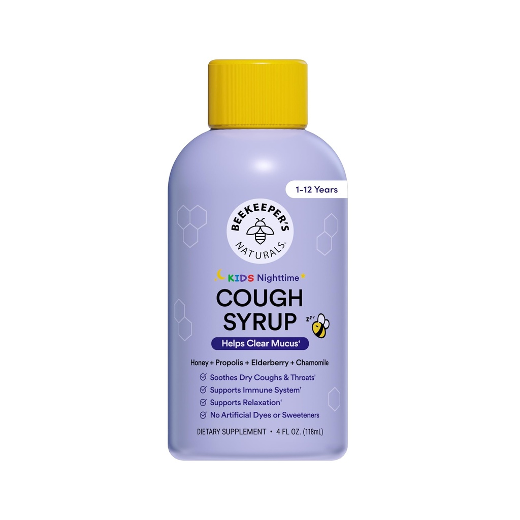 Čebelarski naravni Propolis Medeni kašelj Sirup Nočni čas za otroke Imunska podpora z Propolis, Elderberry & Raw Honey - Podpora za spanje s kamilico & L-Theanine - Gluten Free, 4 oz.