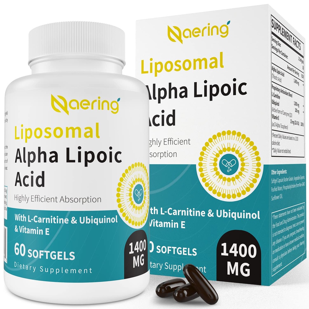 Liposomska alfa lipoična kislina 1400mg softgels, ALA dodatek z L-karnitin 1000mg, Ubikinol (aktivna CoQ10) 100mg in vitamin E 10mg,Alfa-lipojska kislina za antioksidate, živec,Energy 60 Mehkužci