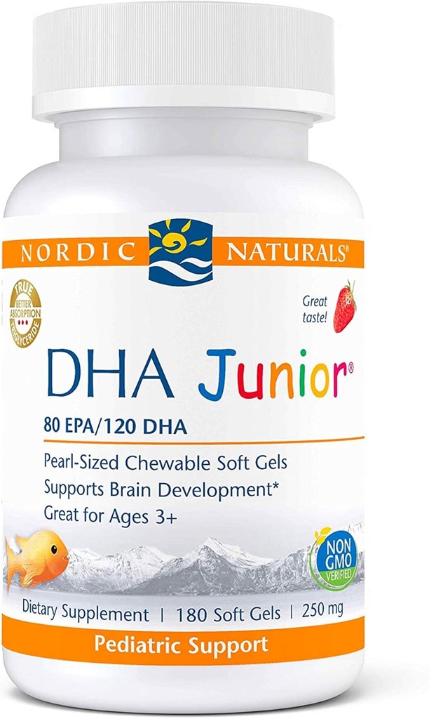 Nordic Naturals Pro DHA Junior, Jagoda - 180 Mini žvečljivi mehki geli - 250 mg Skupaj Omega-3s z EPA & DHA - Razvoj možganov in vizualno funkcijo - Non-GMO - 45 Serving