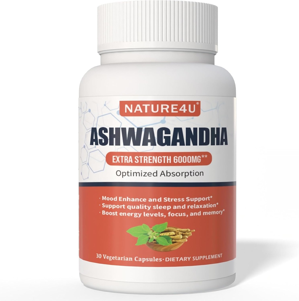 Ashwagandha 6000mg Največja moč, Optimizirana absorpcija s črnim poprom in ingverjem, naravna Adaptogeni Mood & Stress Support, Sleep & Energy Support, 30 Veganske kapsule 1 mesec