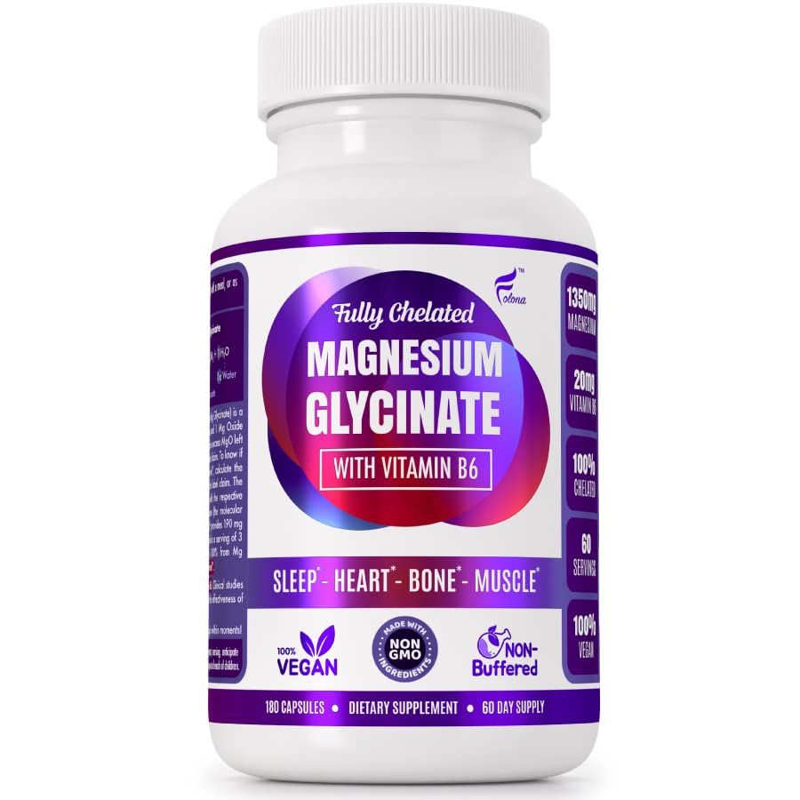 Magnezij Glicinat z vitaminom B6 Raziskave Dokazano za povečanje absorpcije, 1350mg Popolnoma kelirani - Podpira spanje, Stress Relief, Energija, mišične kratice - Gluten brez, NonGMO, 180 Veganske kapsule