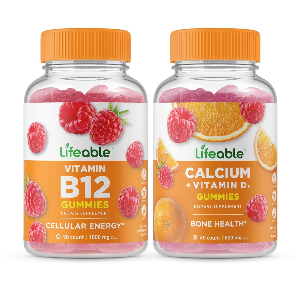 Življenjski vitamin B12 + kalcij z vitaminom D, Gummies Bundle - odličen okus, vitamin dopolnilo, Gluten brezplačno, GSO brezplačno, žvečljivo