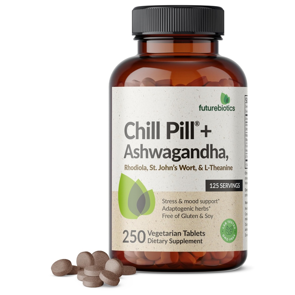 Futurebiotics Chill tablete + Ashwagandha, Rhodiola, St John's Wort, & L-Theanine - Non-GMO, 250 vegetarijanske tablete