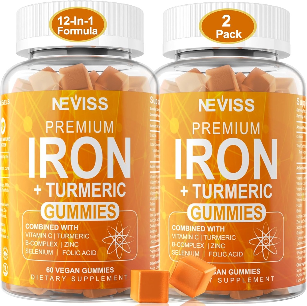 Iron Gummies + Kurkuma 600mg za ženske moške, železov dodatek z multivitamini C, A, B-kompleks, Folat, cink za pomanjkanje železa, anemija in energija, nežen, nezagotavljanje, žvečljiv, Vegan, 2 paket
