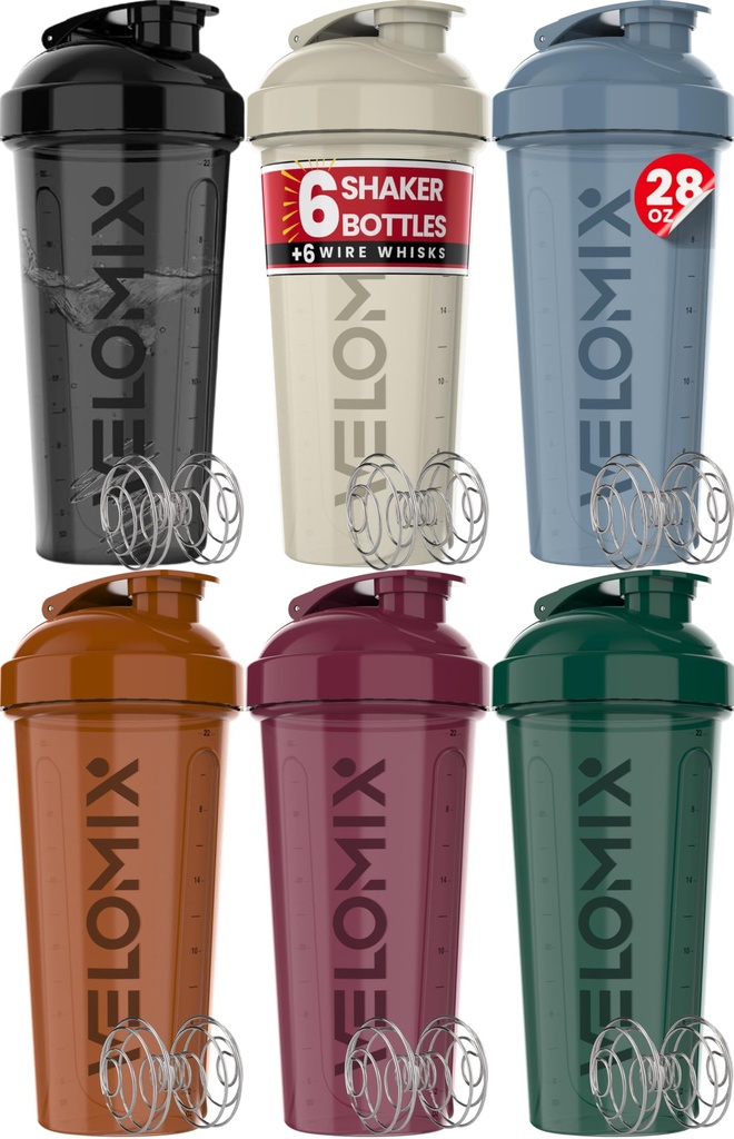 VELOMIX - 6 PAKIRANJE - 28 oz Stresalnik Protein Shaker Steklenica za mešanice beljakovin - 6x Žica Whisk 